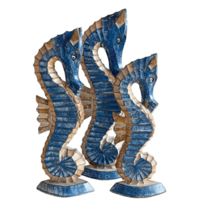 Trio de Cavalos Marinho Em Pátina Azul 28/33/37 Com Base