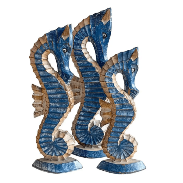 Trio de Cavalos Marinho Em Pátina Azul 28/33/37 Com Base