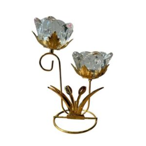 Castiçal de Metal Dourado Flores Transparente