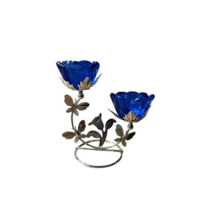 Castiçal de Metal Prateado Borboleta Flores Azul CAR-371C