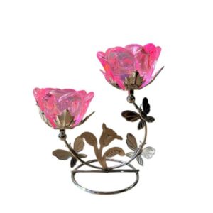 Castiçal de Metal Prateado Borboleta Flores Rosa CAR-371C