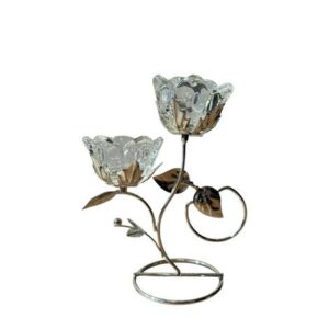 Castiçal de Metal Prata Flores/Folhas Transparente CAR-371C Extra2