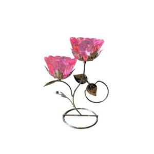 Castiçal de Metal Prata Flores/Folhas Rosa CAR-371C Extra