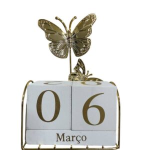 Calendário Perpétuo de Bloco de Madeira Com 2 Borboletas