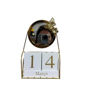 Calendário Perpétuo de Bloco de Madeira Com Espelho 2 Borboletas