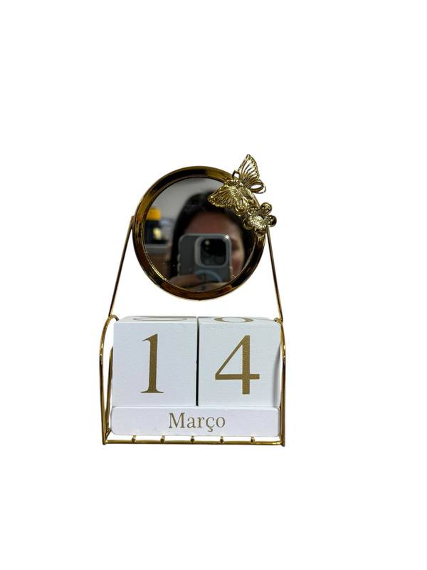 Calendário Perpétuo de Bloco de Madeira Com Espelho 2 Borboletas